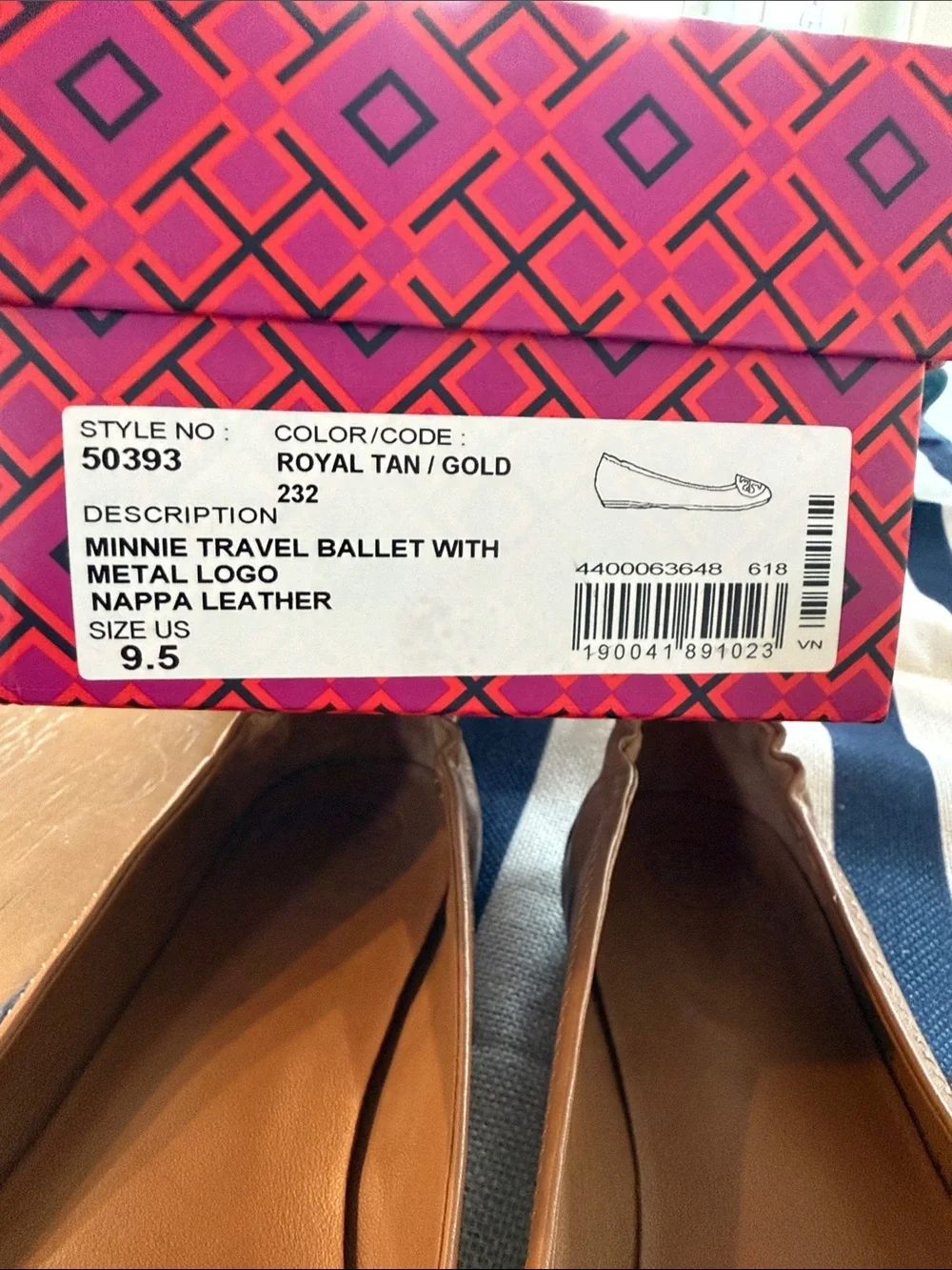 Tory Burch Royal Tan/Gold Leather Ballet Flats with Gold Logo Medallions